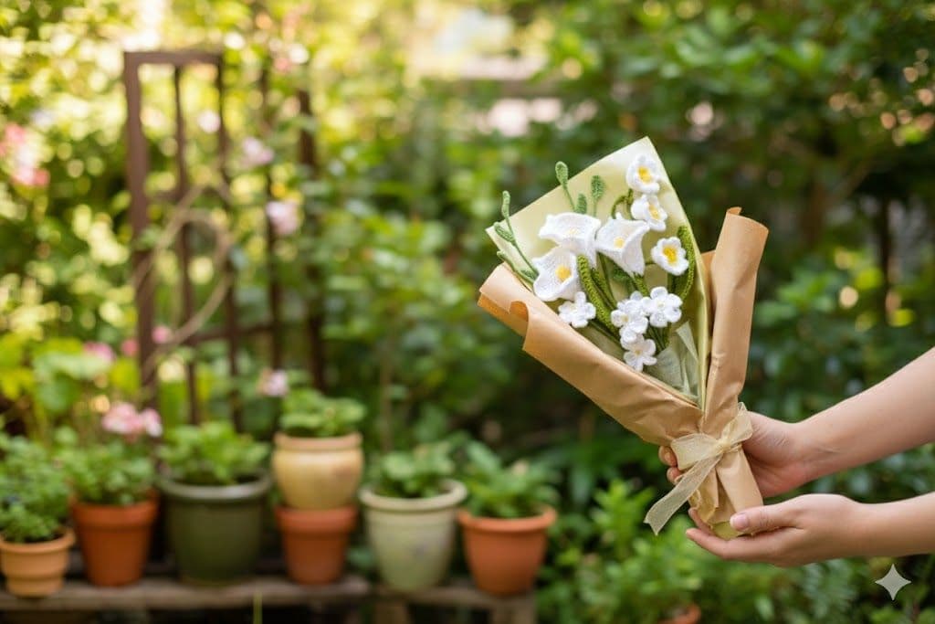 Lily El Yapımı Örgü Çiçek Buketi Lilyum Beyaz
